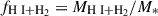 Mathematical equation: $ f_{\mathrm{H}{\small { {\text{ I}}}}+\mathrm{H}_{2}} = M_{\mathrm{H}{\small { {\text{ I}}}}+\mathrm{H}_{2}}/M_{*} $