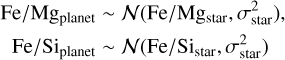 Mathematical equation: $\begin{aligned} \mathrm{Fe} / \mathrm{Mg}_{\text {planet }} & \sim \mathcal{N}\left(\mathrm{Fe} / \mathrm{Mg}_{\text {star }}, \sigma_{\text {star }}^{2}\right) \\ \mathrm{Fe} / \mathrm{Si}_{\text {planet }} & \sim \mathcal{N}\left(\mathrm{Fe} / \mathrm{Si}_{\text {star }}, \sigma_{\text {star }}^{2}\right) \end{aligned}$