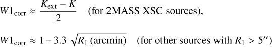 Mathematical equation: $\[\begin{aligned}&W 1_{\text {corr}} \approx \frac{K_{\text {ext}}-K}{2} \quad(\text{for 2MASS XSC sources}),\\\qquad\\&W 1_{\text {corr }} \approx 1-3.3 \sqrt{R_1(\operatorname{arcmin})} \quad (\text{for other sources with} \left.R_1>5^{\prime \prime}\right).\end{aligned}\]$