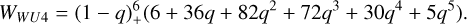 Mathematical equation: W_{WU4}=(1-q)^6_+ (6 + 36q + 82q^2 + 72q^3 + 30q^4 + 5q^5).