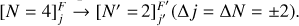 Mathematical equation: $\[[N=4]_{j}^{F} \rightarrow\left[N^{\prime}=\right. 2]_{j^{\prime}}^{F^{\prime}}(\Delta j=\Delta N= \pm 2)\]$