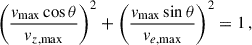Mathematical equation: $$ \begin{aligned} \left(\frac{{v}_{\rm max} \cos \theta }{{v}_{z, \mathrm{max}}}\right)^2 + \left(\frac{{v}_{\rm max} \sin \theta }{{v}_{e, \mathrm{max}}}\right)^2 = 1 \,, \end{aligned} $$