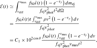 Mathematical equation: $$ \begin{aligned} \mathcal{E} (t)&\simeq \int _{{v}_{\rm diff}}^{{v}_{\rm max}} \frac{f_{\mathrm{Ni} } \dot{\epsilon }(t) \left(1 - e^{-\tau _{\gamma }}\right) d m_{\mathrm{ej} }}{f_{\mathrm{ej} } {v}_{\rm phot}^{2} t^2 d\Omega }\nonumber \\&= \frac{f_{\mathrm{Ni} } \dot{\epsilon }(t) t \int _{{v}_{\rm diff}}^{{v}_{\rm max}} \rho {v}^{2} \left(1 - e^{-\tau _{\gamma }}\right) d {v}}{f_{\mathrm{ej} } \mathrm {v}_{phot}^{2}}\\&= C_1 \times 10^{2\cos \theta } \frac{f_{\mathrm{Ni} } \dot{\epsilon }(t) \int _{{v}_{\rm diff}}^{{v}_{\rm max}} \left(1 - e^{-\tau _{\gamma }}\right) d {v}}{f_{\mathrm{ej} } {v}_{\rm phot}^{2} {v}_{\rm max} t^2} ,\nonumber \end{aligned} $$