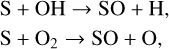 Mathematical equation: $\[\begin{aligned}& \mathrm{S}+\mathrm{OH} \rightarrow \mathrm{SO}+\mathrm{H}, \\& \mathrm{~S}+\mathrm{O}_2 \rightarrow \mathrm{SO}+\mathrm{O},\end{aligned}\]$
