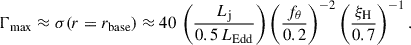 Mathematical equation: $$ \begin{aligned} \Gamma _\mathrm{max} \approx \sigma (r=r_\mathrm{base} ) \approx 40\,\left(\frac{L_{\mathrm{j} }}{0.5\,L_\mathrm{Edd} }\right)\left(\frac{f_{\theta }}{0.2}\right)^{-2}\left(\frac{\xi _\mathrm{H} }{0.7}\right)^{-1}. \end{aligned} $$