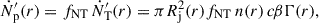 Mathematical equation: $$ \begin{aligned} \dot{N}^{\prime }_\mathrm{p} (r)&=f_\mathrm{NT} \,\dot{N}_\mathrm{T} ^{\prime }(r) = \pi R_\mathrm{j} ^2(r)f_\mathrm{NT} \,n(r)\,c\beta \Gamma (r),\end{aligned} $$