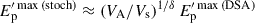 Mathematical equation: $ E^{\prime\,\mathrm{max\, (stoch)}}_{\mathrm{p}} \approx (V_{\mathrm{A}}/V_{\mathrm{s}})^{1/\delta}\,E^{\prime\,\mathrm{max\, (DSA)}}_{\mathrm{p}} $