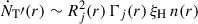 Mathematical equation: $ \dot{N}_{\text{T}}\prime(r)\sim R_j^2(r) \,\Gamma_j(r) \,\xi_{\mathrm{H}} \, n(r) $