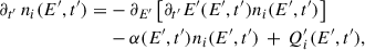 Mathematical equation: $$ \begin{aligned} \partial _{t^{\prime }}\, n_i(E^{\prime }, t^{\prime }) =&-\partial _{E^{\prime }} \left[\partial _{t^{\prime }}{E^{\prime }}(E^{\prime }, t^{\prime }) n_i(E^{\prime }, t^{\prime }) \right]\\&- \alpha (E^{\prime }, t^{\prime }) n_i(E^{\prime }, t^{\prime }) \,+\, Q_i^{\prime }(E^{\prime }, t^{\prime }), \nonumber \end{aligned} $$