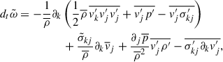 Mathematical equation: $$ \begin{aligned} d_t\tilde{\omega }&= - \frac{1}{\overline{\rho }}\partial _k \left(\frac{1}{2}\overline{\rho }\,\overline{v_k^{\prime } v_j^{\prime } v_j^{\prime }} + \overline{v_j^{\prime }p^{\prime }} - \overline{v_j^{\prime }\sigma _{kj}^{\prime }} \right)\nonumber \\&\qquad \qquad \quad + \frac{\tilde{\sigma }_{kj}}{\overline{\rho }}\partial _k\overline{v}_j + \frac{\partial _j \overline{p}}{\overline{\rho }^2}\overline{v_j^{\prime }\rho ^{\prime }} - \overline{\sigma _{kj}^{\prime }\partial _kv_j^{\prime }}, \end{aligned} $$