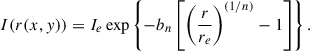 Mathematical equation: $$ \begin{aligned} I(r(x, y))=I_e \exp \left\{ -b_n\left[\left(\frac{r}{r_e}\right)^{(1 / n)}-1\right]\right\} . \end{aligned} $$