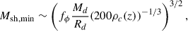Mathematical equation: $$ \begin{aligned} M_{\rm sh,min} \sim \left(f_\phi \frac{M_d}{R_d} (200 \rho _c(z))^{-1/3}\right)^{3/2}, \end{aligned} $$
