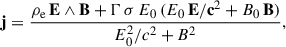 Mathematical equation: $$ \begin{aligned} \mathbf j = \frac{\rho _{\rm e} \, \mathbf{E }\wedge \mathbf{B } + \Gamma \, \sigma \, E_0 \, ( E_0 \, \mathbf{E/c }^2 + B_0 \, \mathbf{B })}{E_0^2/c^2 + B^2}, \end{aligned} $$