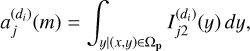Mathematical equation: a_j^{{(d_i)}}( m )=\int_{y|(x,y) \in \Omega_{\bf p}} I_{j2}^{{(d_i)}}(y) \, dy,