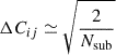Mathematical equation: $ \Delta C_{ij}\simeq\sqrt{\frac{2}{N_{\mathrm{sub}}}} $
