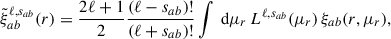 Mathematical equation: $$ \begin{aligned} \tilde{\xi }_{ab}^{\ell ,s_{ab}} (r)&= \frac{2\ell + 1}{2}\frac{(\ell - s_{ab})!}{(\ell + s_{ab})!}\int \text{ d} \mu _{r}\,L^{\ell ,s_{ab}}(\mu _r)\,\xi _{ab}(r, \mu _{r}) ,\end{aligned} $$