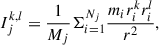 Mathematical equation: $$ \begin{aligned} I^{k,l}_j&= \frac{1}{M_j} \Sigma ^{N_j}_{i = 1} \frac{m_i r^k_i r^l_i}{r^2}, \end{aligned} $$