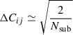 Mathematical equation: $$ \begin{aligned} \Delta C_{ij} \simeq \sqrt{\frac{2}{N_{\mathrm{sub} }}} \end{aligned} $$
