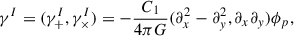 Mathematical equation: $$ \begin{aligned} \gamma ^I = (\gamma _+^I,\gamma _\times ^I) = - \frac{C_1}{4\pi G}(\partial _x^2-\partial _y^2,\partial _x\partial _y)\phi _p , \end{aligned} $$