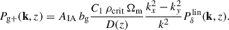 Mathematical equation: $$ \begin{aligned} P_\mathrm{g+} (\mathbf k ,z) = A_{\mathrm{IA} }\,b_\mathrm{g} \frac{C_1\,\rho _{\mathrm{crit} }\,\Omega _\mathrm{m} }{D(z)}\frac{k_x^2-k_y^2}{k^2}P_\delta ^{\mathrm{lin} }(\mathbf k ,z). \end{aligned} $$