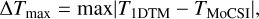 Mathematical equation: \Delta T_{\text{max}} &= \text{max}|T_{\text{1DTM}} - T_{\text{<monospace>MoCSI</monospace>}}|,\\