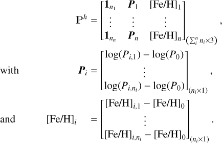 Mathematical equation: $ [\mathrm{Fe} / \mathrm{H}]_{i}=\left[\begin{array}{c} {[\mathrm{Fe} / \mathrm{H}]_{i, 1}-[\mathrm{Fe} / \mathrm{H}]_{0}} \\ \vdots \\ {[\mathrm{Fe} / \mathrm{H}]_{i, n_{i}}-[\mathrm{Fe} / \mathrm{H}]_{0}} \end{array}\right]_{\left(n_{i} \times 1\right)}.$