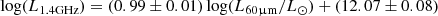 Mathematical equation: $$ \begin{aligned} \log (L_{1.4\mathrm {GHz}}) = (0.99\pm 0.01) \log (L_{60\upmu \mathrm {m}}/L_\odot )+(12.07\pm 0.08) \end{aligned} $$