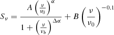 Mathematical equation: $$ \begin{aligned} S_{\nu } = \frac{A \left( \frac{\nu }{\nu _0} \right)^{\alpha }}{1 + \left( \frac{\nu }{\nu _b} \right)^{\Delta \alpha }} + B \left( \frac{\nu }{\nu _0} \right)^{-0.1} \end{aligned} $$
