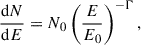 Mathematical equation: $$ \begin{aligned} \frac{\mathrm{d} N}{\mathrm{d} E} = N_0 \left(\frac{E}{E_0}\right)^{-\Gamma }, \end{aligned} $$