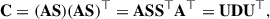 Mathematical equation: $$ \begin{aligned} \mathbf C = (\mathbf A \mathbf S )(\mathbf A \mathbf S )^{\top } = \mathbf A \mathbf S \mathbf S ^{\top } \mathbf A ^{\top } = \mathbf U \mathbf D \mathbf U ^{\top }, \end{aligned} $$