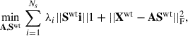 Mathematical equation: $$ \begin{aligned} \underset{{\mathbf{A },\mathbf{S }^\mathrm{wt}}}{\mathrm{min}} \, \sum _{i = 1}^{N_s} \, \lambda _i ||{\mathbf{S }^\mathrm{wt}\mathbf i }||{1} + ||{\mathbf{X }^\mathrm{wt}} - \mathbf A {\mathbf{S }^\mathrm{wt}} ||^2_{\rm F}, \end{aligned} $$