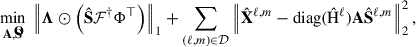 Mathematical equation: $$ \begin{aligned} \underset{\mathbf{A , {\hat{\mathbf{S }}}}}{{\mathrm{min} }} \ \left\Vert\boldsymbol{\Lambda } \odot \left({\hat{\mathbf{S }}} {\mathcal{F} }^{\dagger } \mathbf{\Phi }^{\top }\right)\right\Vert_1 + \sum _{(\ell , m) \in \mathcal{D} } \left\Vert{\hat{\mathbf{X }}}^{\ell , m} - \mathrm{diag} ({\hat{\mathrm{H}}}^{\ell }) \mathbf A {\hat{\mathbf{S }}}^{\ell , m}\right\Vert_2^2, \end{aligned} $$
