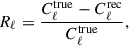 Mathematical equation: $$ \begin{aligned} R_{\ell } = \frac{C_{\ell }^{\mathrm{true} } - C_{\ell }^{\mathrm{rec} }}{C_{\ell }^{\mathrm{true} }}, \end{aligned} $$