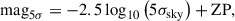 Mathematical equation: $$ \begin{aligned} \mathrm{mag} _{5\sigma } = -2.5 \log _{10}\left( 5\sigma _{\mathrm{sky} } \right) + \mathrm{ZP} , \end{aligned} $$