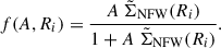 Mathematical equation: $$ \begin{aligned} f(A,R_i) = \frac{A\ \tilde{\Sigma }_{\mathrm{NFW} }(R_i)}{1+A\ \tilde{\Sigma }_{\mathrm{NFW} }(R_i)}. \end{aligned} $$