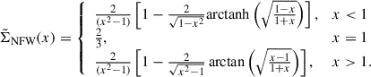 Mathematical equation: $$ \begin{aligned} \tilde{\Sigma }_{\mathrm{NFW} }(x) = {\left\{ \begin{array}{ll} \frac{2}{(x^2-1)} \left[ 1-\frac{2}{\sqrt{1-x^2}} \mathrm{{arctanh}} \left( \sqrt{ \frac{1-x}{1+x} } \right) \right],&{x} < 1\\ \frac{2}{3},&{x} = 1\\ \frac{2}{(x^2-1)} \left[ 1-\frac{2}{\sqrt{x^2-1}} \arctan \left( \sqrt{ \frac{x-1}{1+x} } \right) \right],&{x} > 1. \end{array}\right.} \end{aligned} $$
