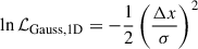 Mathematical equation: $ \ln{\mathcal{L}_{\mathrm{Gauss, 1D}}} = -\frac{1}{2} \left(\frac{\Delta x}{\sigma}\right)^2 $