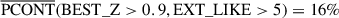 Mathematical equation: $ \overline{\mathrm{PCONT}}(\mathrm{BEST\_Z} > 0.9, \mathrm{{EXT\_LIKE} > 5}) = 16\% $