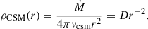 Mathematical equation: $$ \begin{aligned} \rho _{\rm CSM}(r)&=\frac{\dot{M}}{4\pi v_{\rm csm} r^2} = D r^{-2}. \end{aligned} $$