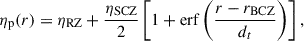 Mathematical equation: $$ \begin{aligned} \eta _{\rm p}(r) = \eta _{\rm RZ} + \frac{\eta _{\rm SCZ}}{2}\left[1 + \mathrm{erf} \left(\frac{r - r_{\rm BCZ}}{d_t}\right) \right] , \end{aligned} $$