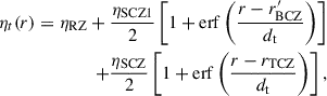 Mathematical equation: $$ \begin{aligned} \eta _{t}(r) = \eta _{\rm RZ} + \frac{\eta _{\rm SCZ1}}{2}\left[1 + \mathrm{erf} \left(\frac{r - r^{\prime }_{\rm BCZ}}{d_{\rm t}}\right) \right] \nonumber \\ + \frac{\eta _{\rm SCZ}}{2}\left[ 1 + \mathrm{erf} \left(\frac{r-r_{\rm TCZ}}{d_{\rm t}} \right) \right], \end{aligned} $$