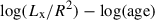 Mathematical equation: $ \log(L_{\mathrm{x}}/R^2)-\log(\rm{age}) $