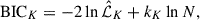 Mathematical equation: $$ \begin{aligned} \mathrm{BIC} _K=-2\ln \hat{\mathcal{L} }_K+k_K\ln N, \end{aligned} $$