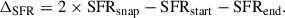 Mathematical equation: $$ \begin{aligned} \Delta _{\mathrm{SFR} } = 2 \times {\mathrm{SFR} }_{\mathrm{snap} } - {\mathrm{SFR} }_{\mathrm{start} } - {\mathrm{SFR} }_{\mathrm{end} }. \end{aligned} $$