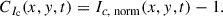 Mathematical equation: $$ \begin{aligned} C_{I_\text{c}}(x,y,t) = I_{c,\text{ norm}}(x,{ y},t) - 1. \end{aligned} $$