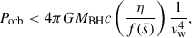 Mathematical equation: $$ \begin{aligned} P_{\mathrm{orb} } < 4\pi G M_{\mathrm{BH} } c \left( \frac{\eta }{f(\bar{s})} \right) \frac{1}{v_{\mathrm{w} }^4}, \end{aligned} $$
