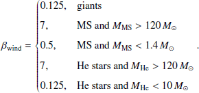 Mathematical equation: $$ \begin{aligned} \beta _{\rm wind} = {\left\{ \begin{array}{ll} 0.125,&\mathrm{giants} \\ 7,&\mathrm{MS\ and}\ M_{\mathrm{MS}} > 120\,M_{\odot } \\ 0.5,&\mathrm{MS\ and}\ M_{\mathrm{MS}} < 1.4\,M_{\odot } \\ 7,&\mathrm{He\ stars\ and}\ M_{\mathrm{He}} > 120\,M_{\odot } \\ 0.125,&\mathrm{He\ stars\ and}\ M_{\mathrm{He}} < 10\,M_{\odot } \end{array}\right.}. \end{aligned} $$