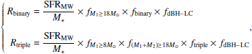 Mathematical equation: $$ \begin{aligned} \left\{ \begin{aligned} R_{\mathrm{binary}}&= \frac{\mathrm{SFR}_{\mathrm{MW}}}{M_*} \times f_{M_1 \ge 18 M_{\odot }} \times f_{\mathrm{binary}} \times f_{\mathrm{dBH-LC}} \\ R_{\mathrm{triple}}&= \frac{\mathrm{SFR}_{\mathrm{MW}}}{M_*} \times f_{M_1 \ge 8 M_{\odot }} \times f_{(M_1+M_2) \ge 18 M_{\odot }} \times f_{\mathrm{triple}} \times f_{\mathrm{dBH-LC}} \end{aligned}, \right. \end{aligned} $$