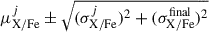 Mathematical equation: $ \mu^j_{\mathrm{X/Fe}} \pm \sqrt{ (\sigma^j_{\mathrm{X/Fe}})^2 + (\sigma^{\mathrm{final}}_{\mathrm{X/Fe}})^2 } $