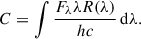 Mathematical equation: $$ \begin{aligned} C = \int \frac{F_\lambda \lambda R(\lambda )}{hc} \, \mathrm{d}\lambda . \end{aligned} $$